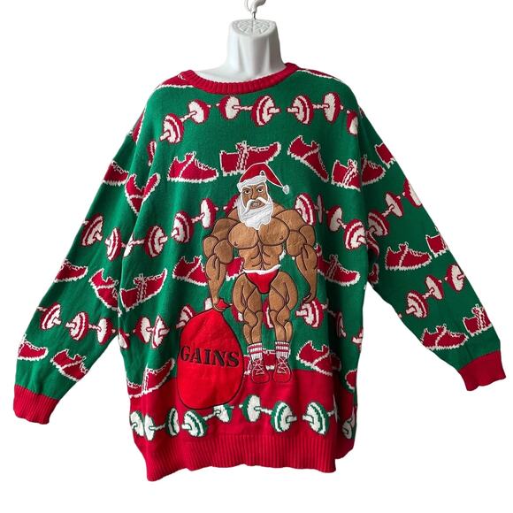 Blizzard Bay Bodybuilder Santa No Pain Xmas Gains Ugly Christmas Sweater Sz 2X - Picture 1 of 6